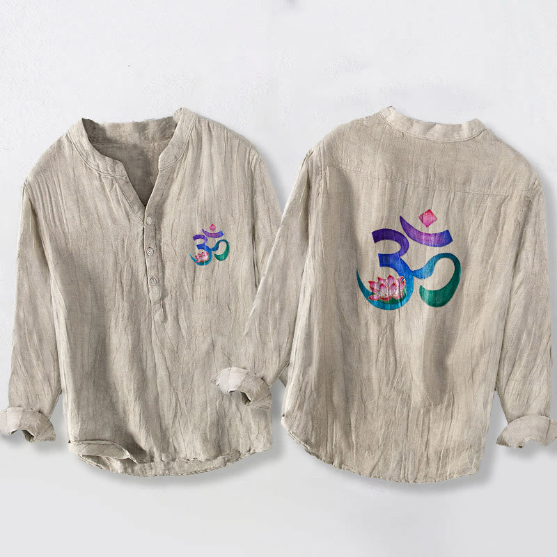 Chemise à manches longues pour homme en coton et lin, motif lotus et symbole OM, ornée de demi-boutons et de Buddha Stones - Lin - US/UK/AU50，EU60 (5XL) - image 3