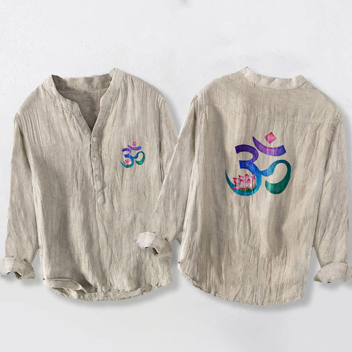 Chemise à manches longues pour homme en coton et lin, motif lotus et symbole OM, ornée de demi-boutons et de Buddha Stones - Lin - US/UK/AU50，EU60 (5XL) - image 3