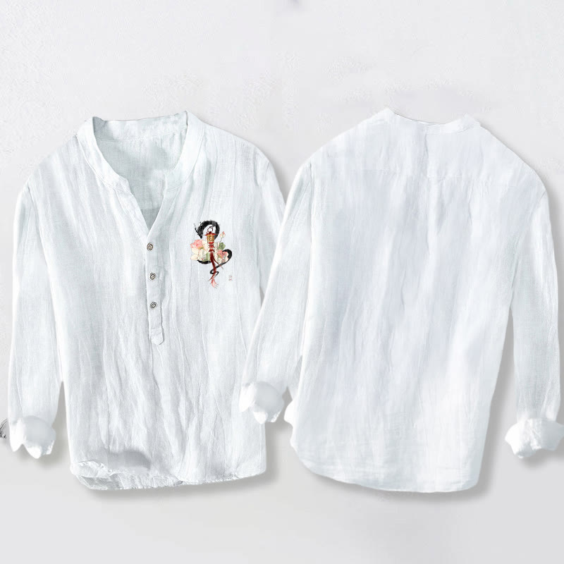 Chemise à manches longues pour homme en coton et lin, motif de lanterne de lotus et de dragon, Buddha Stones - image 5