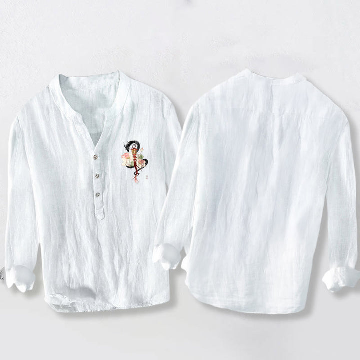 Chemise à manches longues pour homme en coton et lin, motif de lanterne de lotus et de dragon, Buddha Stones - image 5