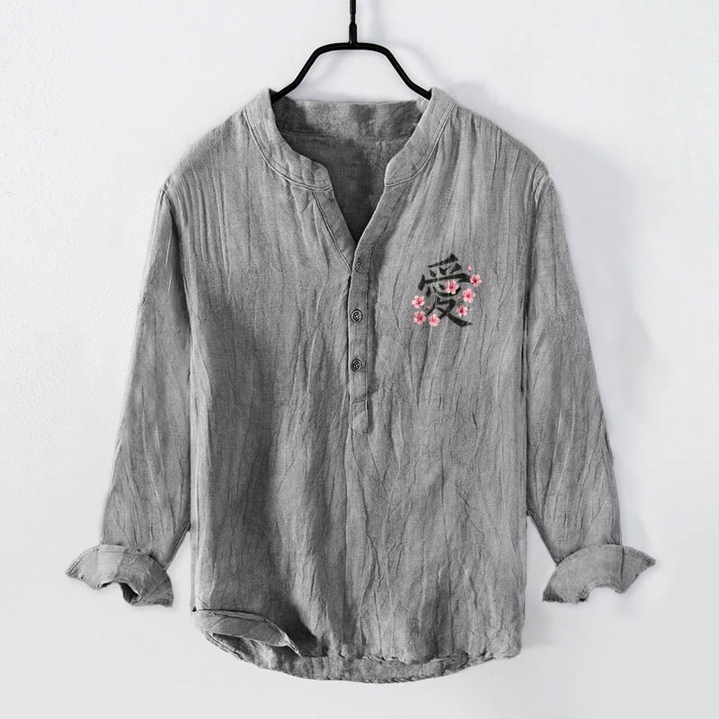 Chemise à manches longues pour homme en coton et lin, motif de fleurs de pêcher et de Buddha Stones, demi-boutons - Gris - US/UK/AU50，EU60 (5XL) - image 3