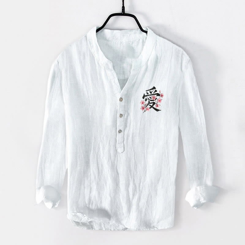 Chemise à manches longues pour homme en coton et lin, motif de fleurs de pêcher et de Buddha Stones, demi-boutons - Blanc - US/UK/AU50，EU60 (5XL) - image 6