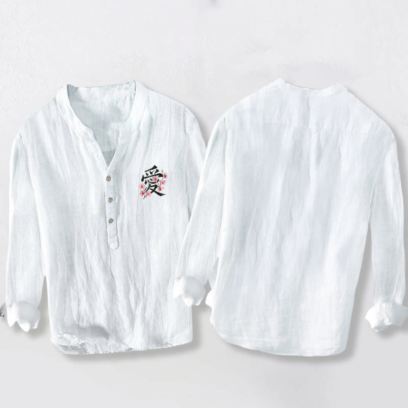 Chemise à manches longues pour homme en coton et lin, motif de fleurs de pêcher et de Buddha Stones, demi-boutons - image 8