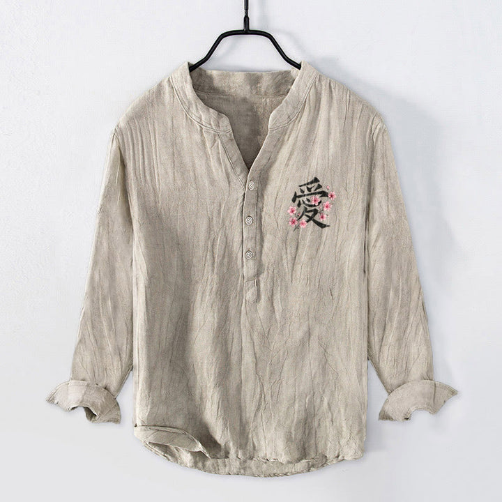 Chemise à manches longues pour homme en coton et lin, motif de fleurs de pêcher et de Buddha Stones, demi-boutons - Lin - US/UK/AU50，EU60 (5XL) - image 0