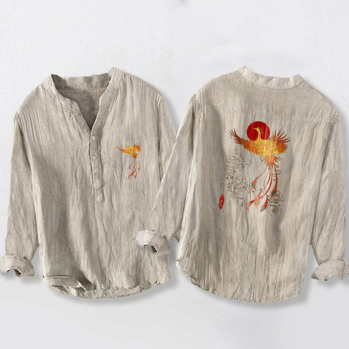 Chemise à manches longues pour homme en coton et lin , Buddha Stones ​​de phénix et soleil rouge, demi-boutons - image 2