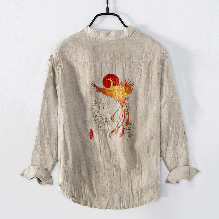 Chemise à manches longues pour homme en coton et lin , Buddha Stones ​​de phénix et soleil rouge, demi-boutons - image 1