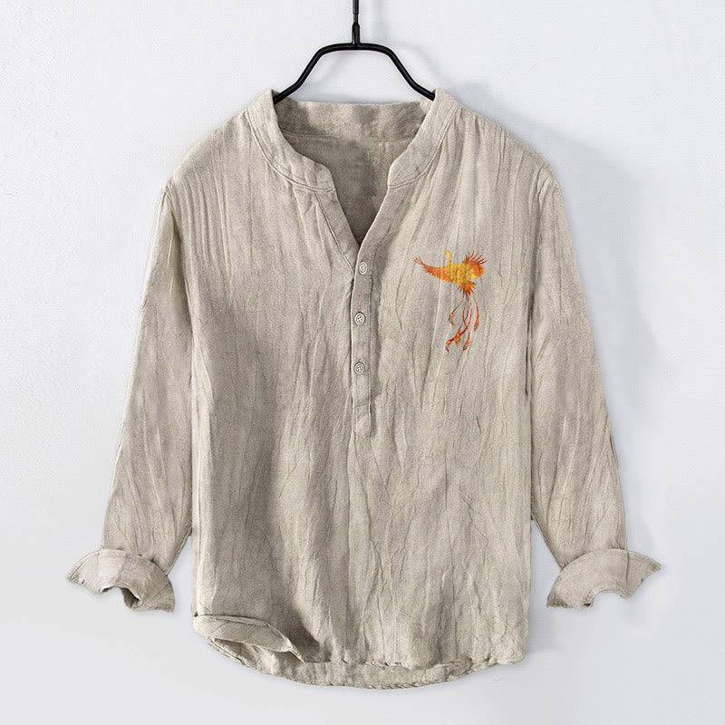 Chemise à manches longues pour homme en coton et lin , Buddha Stones ​​de phénix et soleil rouge, demi-boutons - image 2