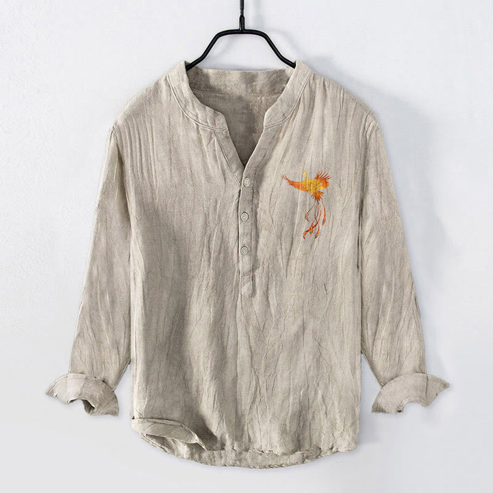 Chemise à manches longues pour homme en coton et lin , Buddha Stones ​​de phénix et soleil rouge, demi-boutons - image 2
