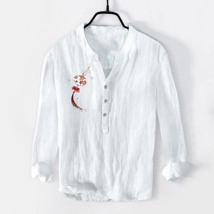 Chemise à manches longues pour homme en coton et lin, motif lanterne de fleurs rouges et Buddha Stones - Blanc - US/UK/AU50，EU60 (5XL) - image 0