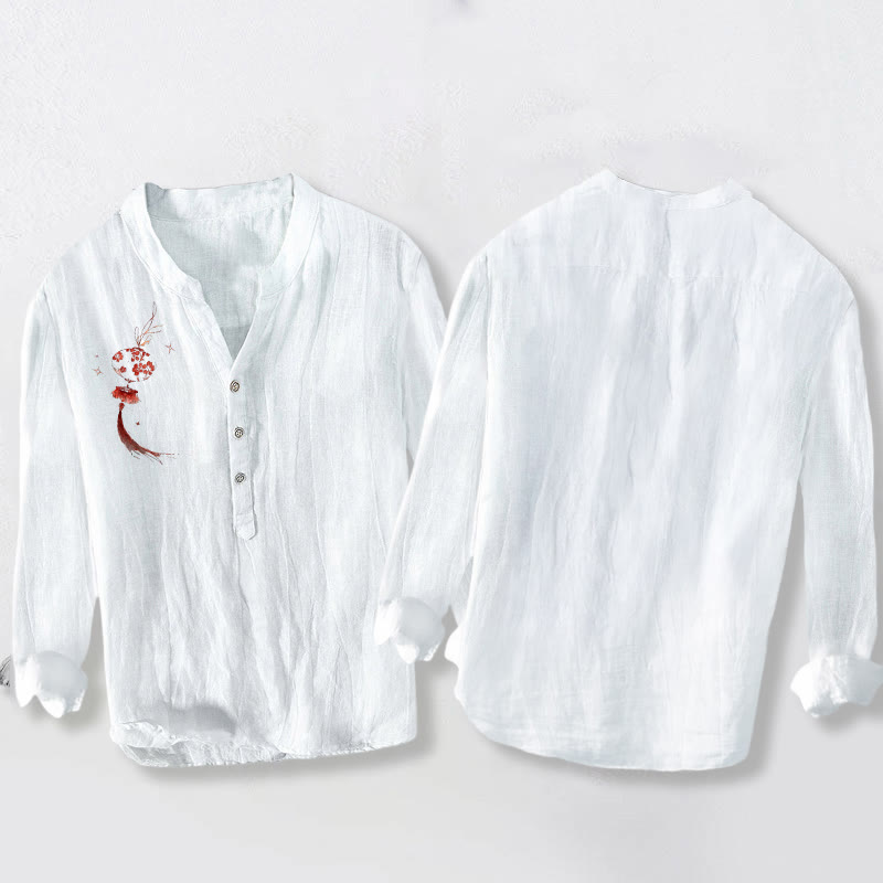 Chemise à manches longues pour homme en coton et lin, motif lanterne de fleurs rouges et Buddha Stones - image 2