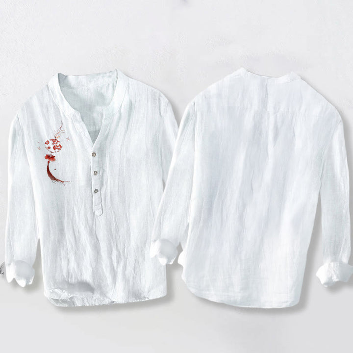 Chemise à manches longues pour homme en coton et lin, motif lanterne de fleurs rouges et Buddha Stones - image 2