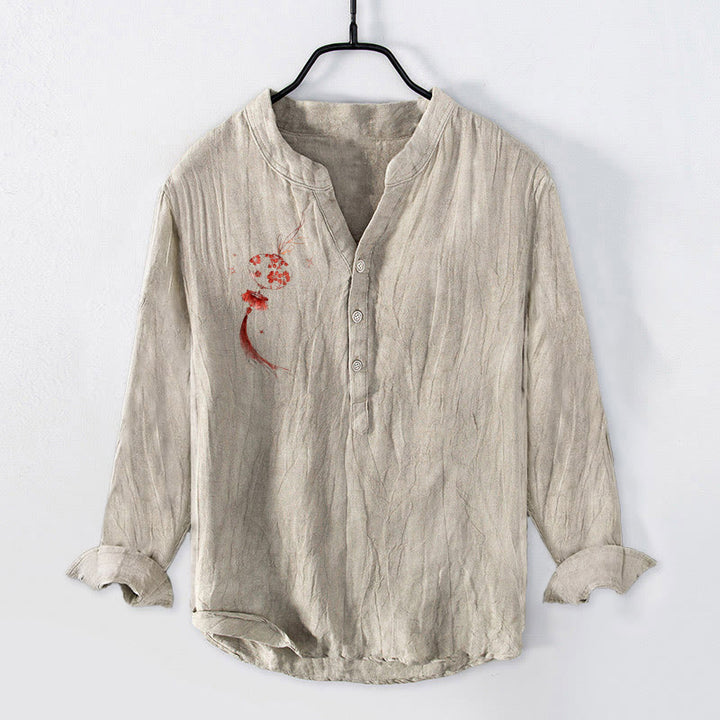 Chemise à manches longues pour homme en coton et lin, motif lanterne de fleurs rouges et Buddha Stones - Lin - US/UK/AU50，EU60 (5XL) - image 3