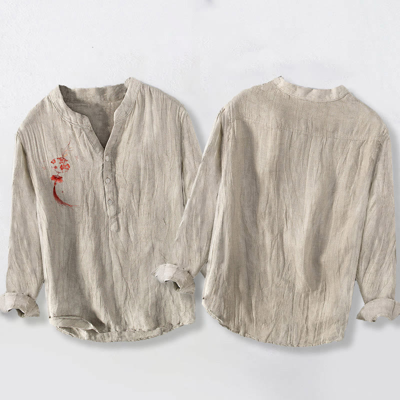 Chemise à manches longues pour homme en coton et lin, motif lanterne de fleurs rouges et Buddha Stones - image 5