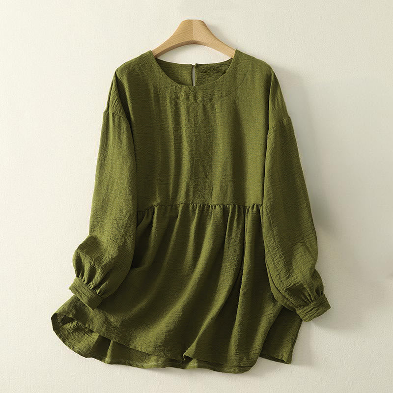 Chemise à manches longues en coton et lin vert olive décontracté Buddha Stones, col rond, pour femme - Olive - US8-10，UK/AU12-14，EU40-42 (2XL) - image 0