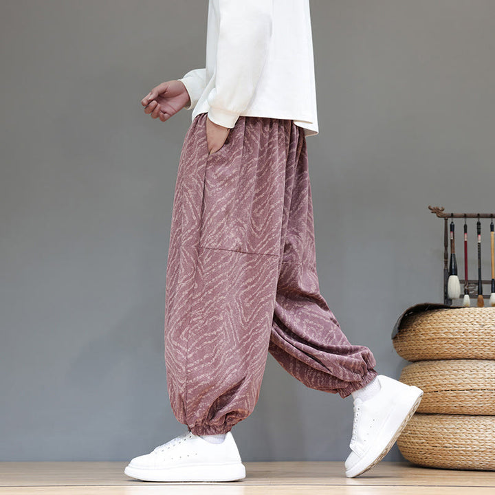 Pantalon harem pour homme en velours côtelé de coton et lin, motif Buddha Stones, cordon de serrage, poches - Rouge violet pâle - US/UK/AU46，EU56 (5XL) - image 21