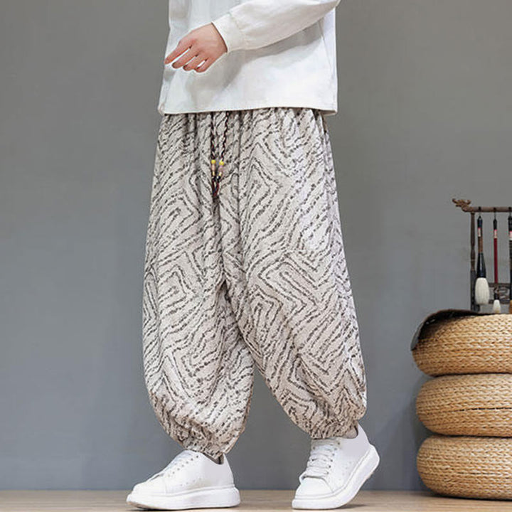 Pantalon harem pour homme en velours côtelé de coton et lin, motif Buddha Stones, cordon de serrage, poches - Beige - US/UK/AU46，EU56 (5XL) - image 0