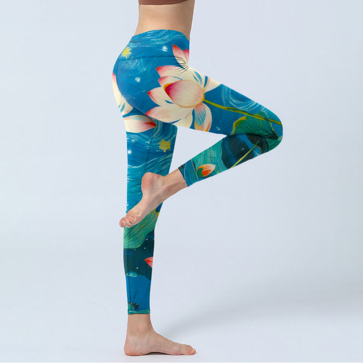 Leggings de sport pour femmes, imprimé motif Buddha Stones, fleurs de lotus et ciel étoilé - image 4