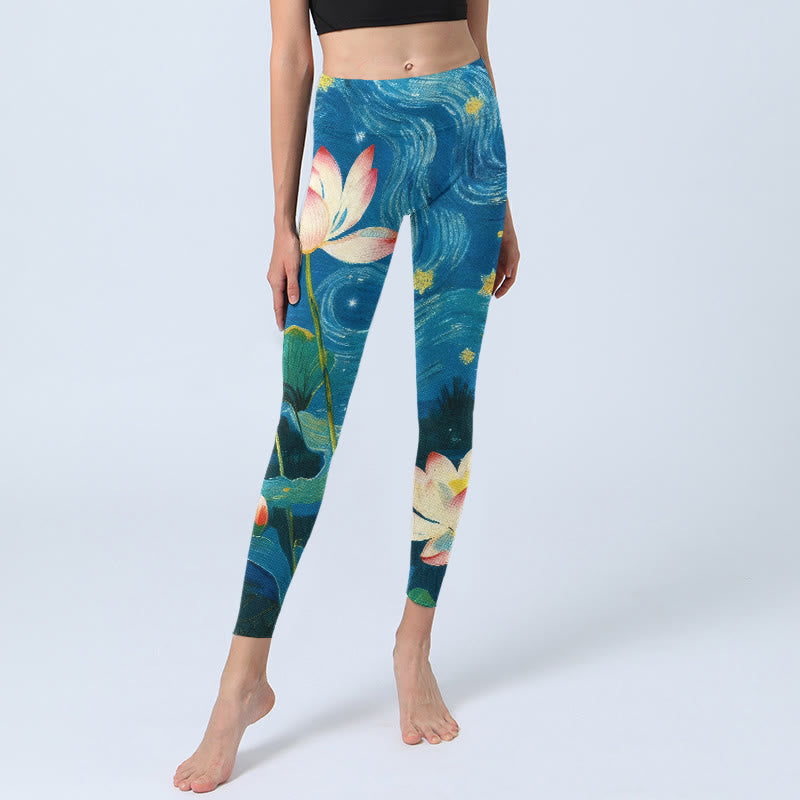 Leggings de sport pour femmes, imprimé motif Buddha Stones, fleurs de lotus et ciel étoilé - image 5