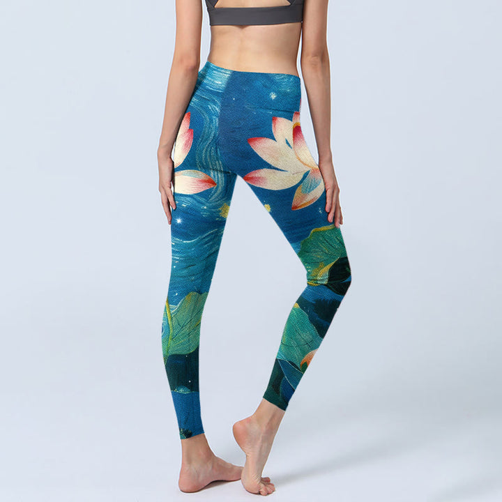 Leggings de sport pour femmes, imprimé motif Buddha Stones, fleurs de lotus et ciel étoilé - image 3