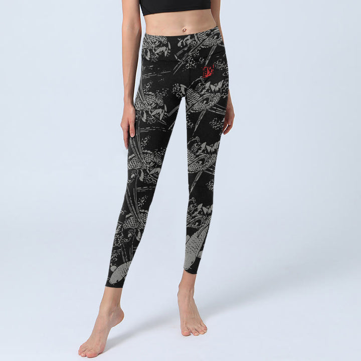 Leggings de sport pour femmes avec imprimé de carpes koï noires et Buddha Stones - image 5