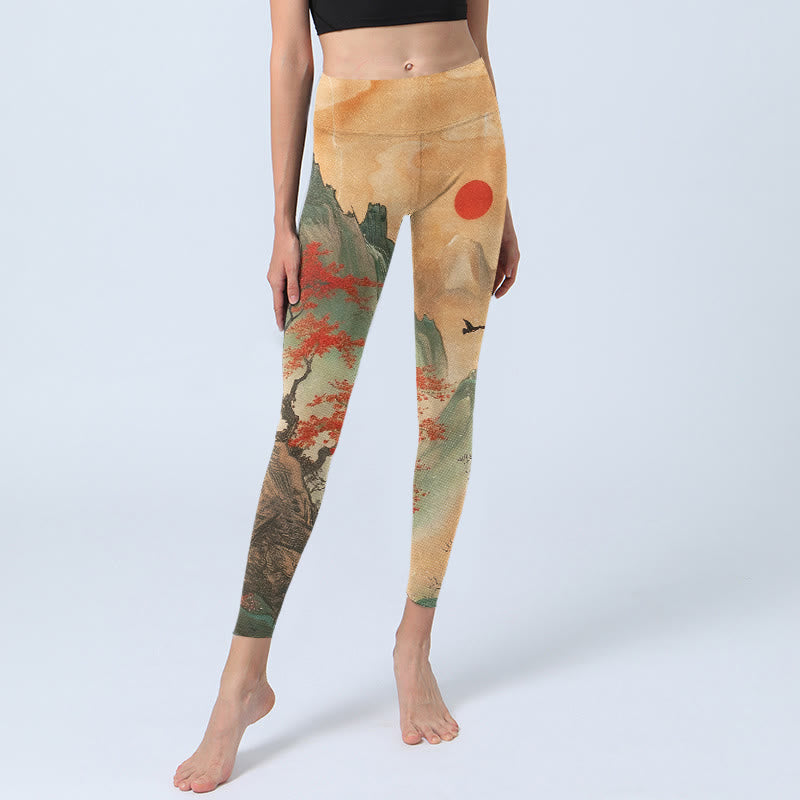 Leggings de sport pour femmes avec motif Buddha Stones, montagnes, arbres et soleil levant - image 5