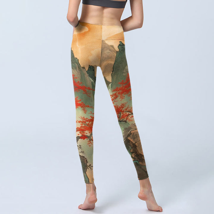 Leggings de sport pour femmes avec motif Buddha Stones, montagnes, arbres et soleil levant - image 6