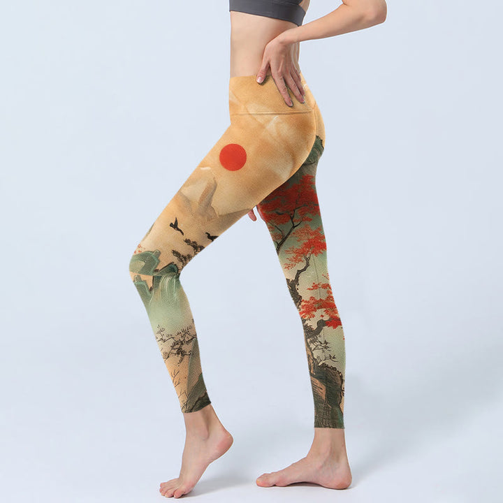 Leggings de sport pour femmes avec motif Buddha Stones, montagnes, arbres et soleil levant - image 2