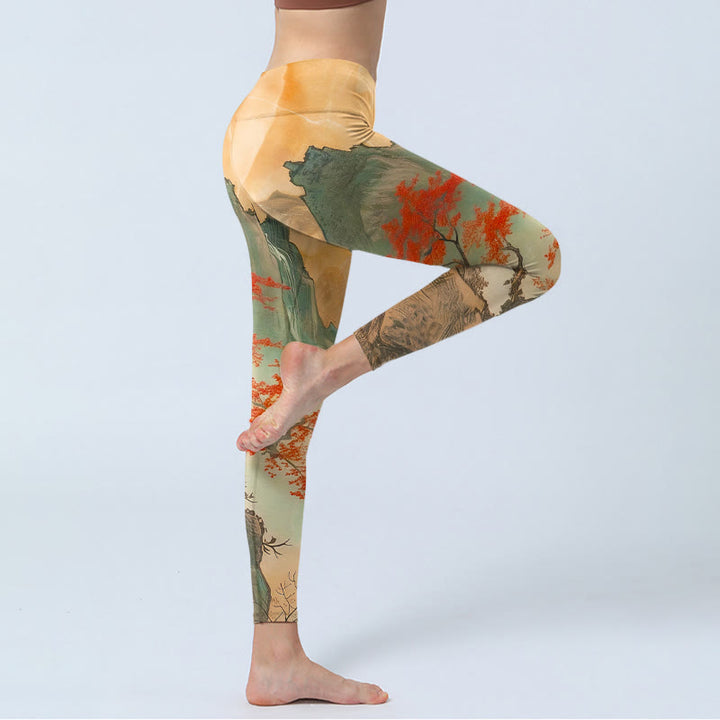 Leggings de sport pour femmes avec motif Buddha Stones, montagnes, arbres et soleil levant - image 4
