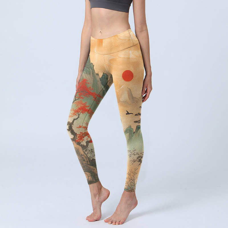 Leggings de sport pour femmes avec motif Buddha Stones, montagnes, arbres et soleil levant - SandyBrown - US18，UK/AU22，EU50 (4XL) - image 0