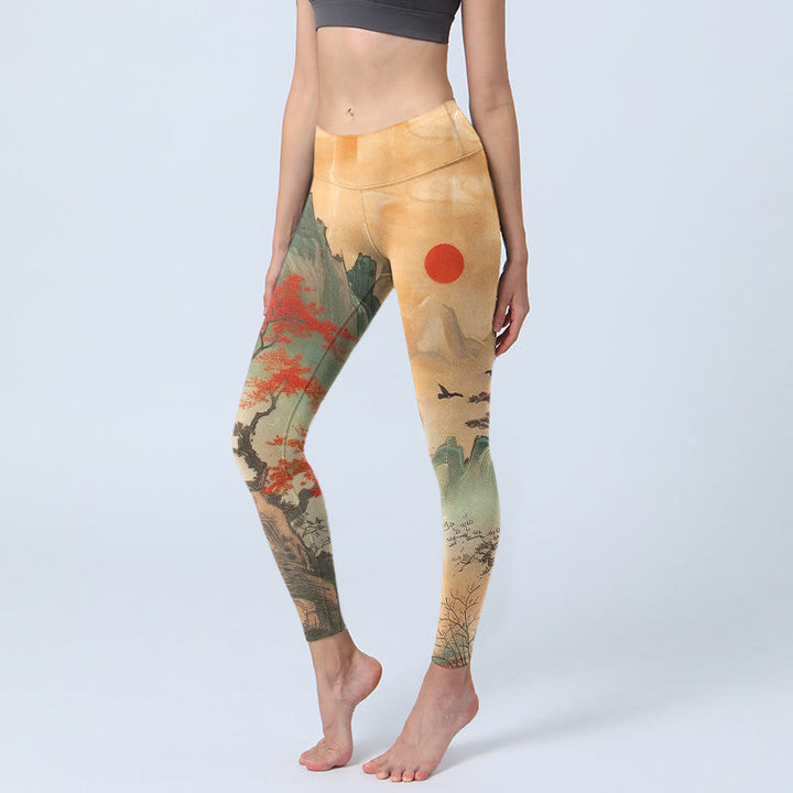 Leggings de sport pour femmes avec motif Buddha Stones, montagnes, arbres et soleil levant - SandyBrown - US18，UK/AU22，EU50 (4XL) - image 0