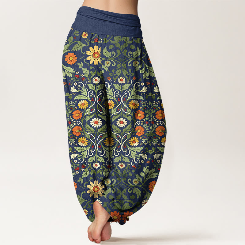 Pantalon harem à taille élastique pour femme, en pur coton, orné de Buddha Stones , de fleurs colorées et de lianes - image 1