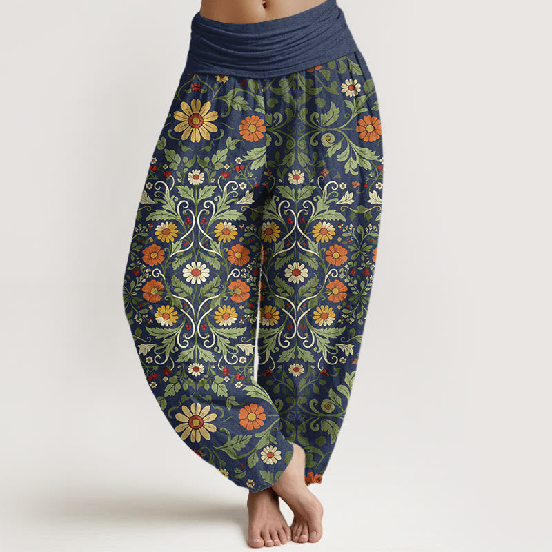 Pantalon harem à taille élastique pour femme, en pur coton, orné de Buddha Stones , de fleurs colorées et de lianes - Bleu ardoise foncé - US16，UK/AU20，EU48 (3XL) - image 0