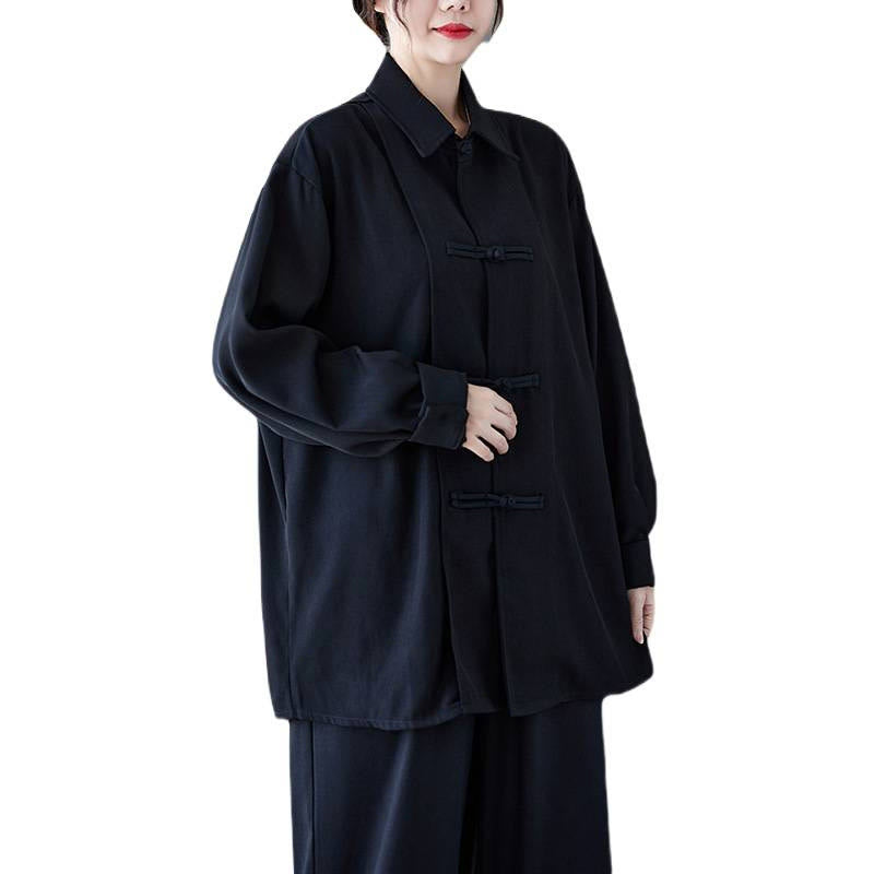 Chemise à manches longues en coton noir uni à revers boutonné Buddha Stones pour femme - image 7
