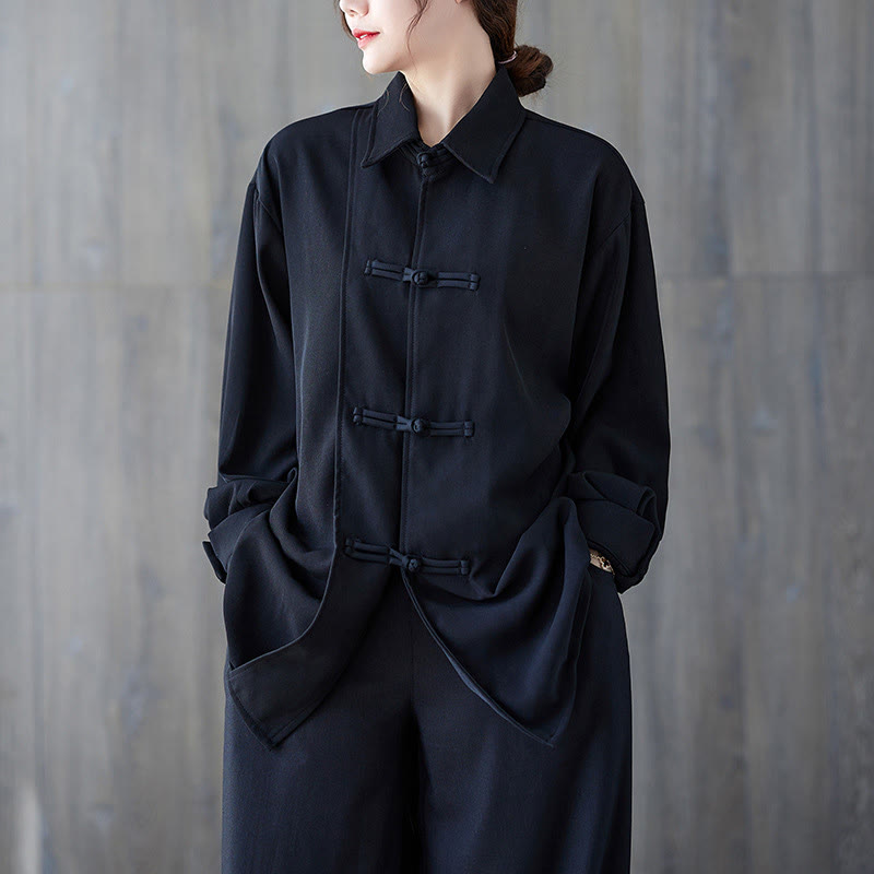 Chemise à manches longues en coton noir uni à revers boutonné Buddha Stones pour femme - Noir - US12，UK/AU16，EU44 (XL) - image 0