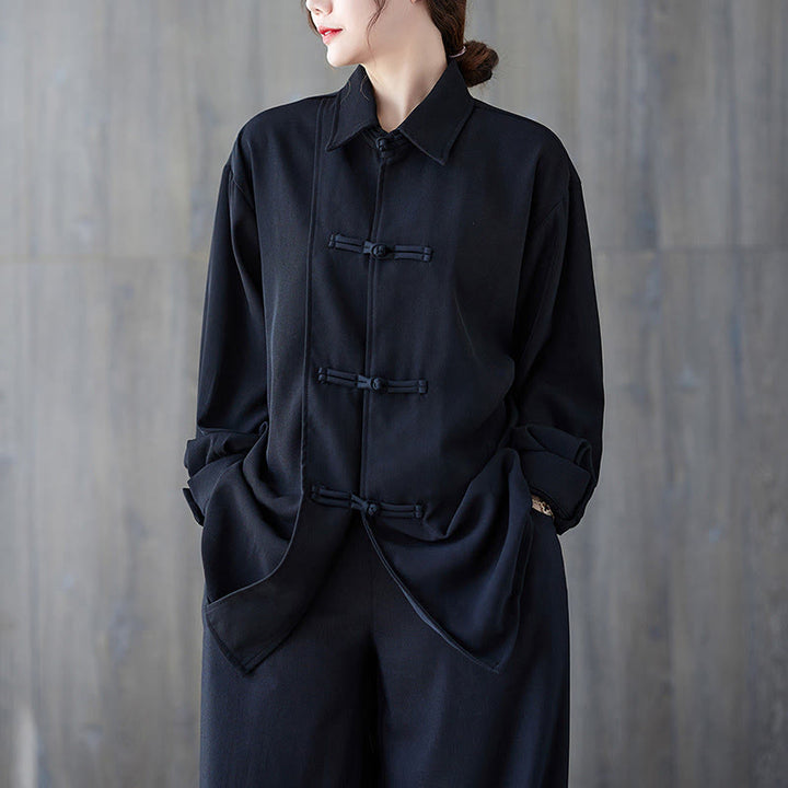 Chemise à manches longues en coton noir uni à revers boutonné Buddha Stones pour femme - Noir - US12，UK/AU16，EU44 (XL) - image 0