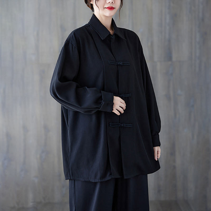 Chemise à manches longues en coton noir uni à revers boutonné Buddha Stones pour femme - image 4