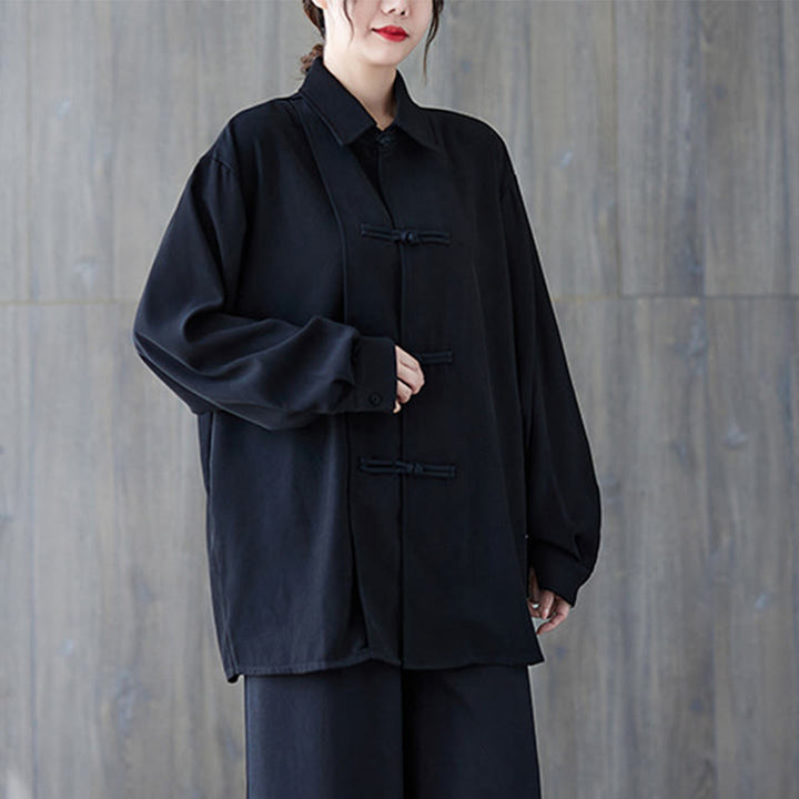 Chemise à manches longues en coton noir uni à revers boutonné Buddha Stones pour femme - image 2