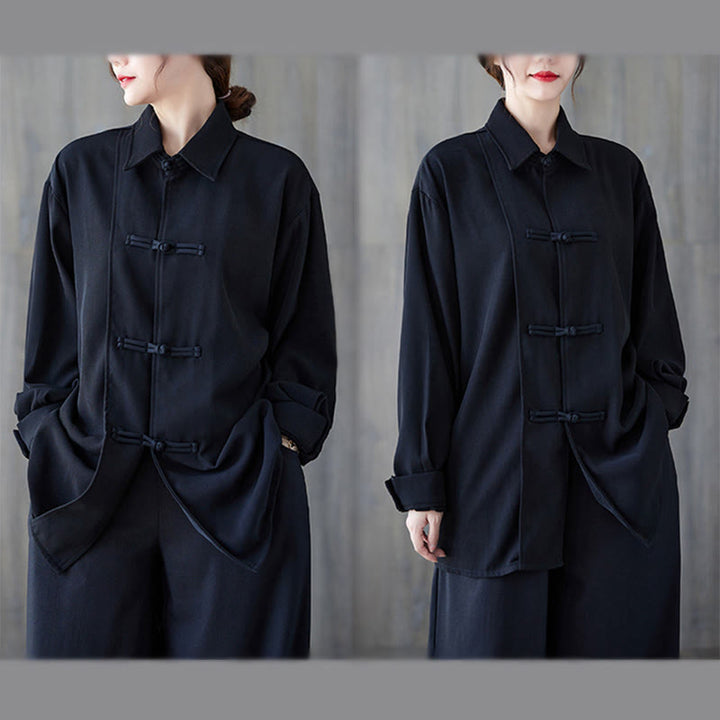 Chemise à manches longues en coton noir uni à revers boutonné Buddha Stones pour femme - image 5