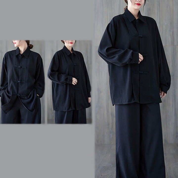 Chemise à manches longues en coton noir uni à revers boutonné Buddha Stones pour femme - image 6