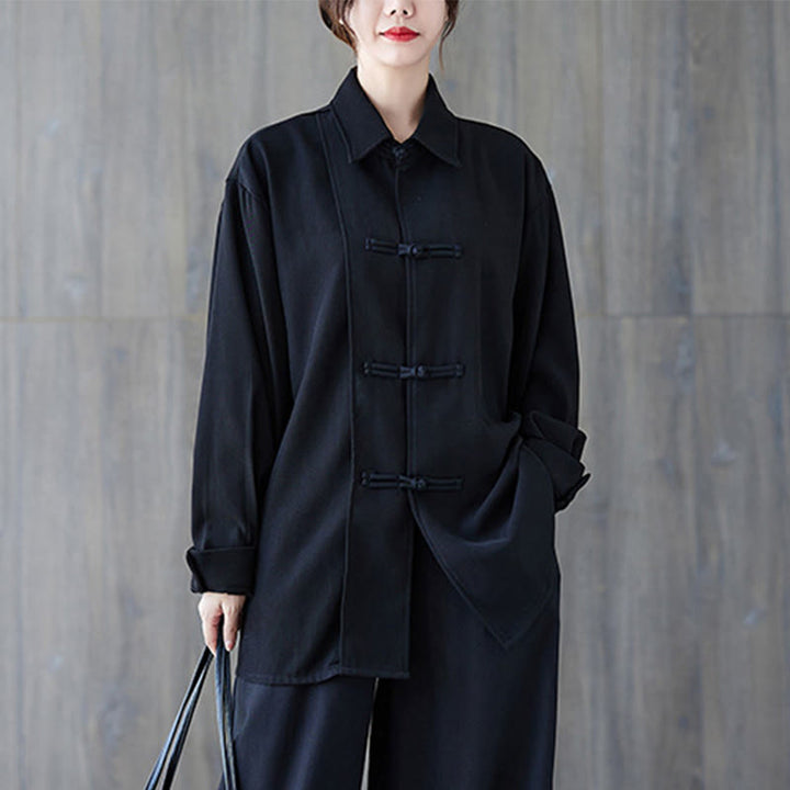 Chemise à manches longues en coton noir uni à revers boutonné Buddha Stones pour femme - image 3