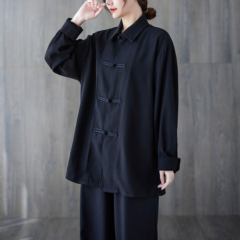 Chemise à manches longues en coton noir uni à revers boutonné Buddha Stones pour femme - image 1