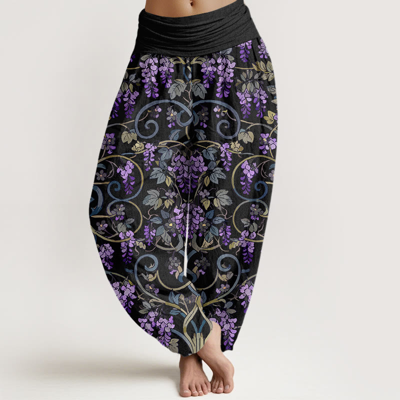 Pantalon harem rétro en pur coton à motif glycine, taille élastique, pour femme, Buddha Stones - Noir - US16，UK/AU20，EU48 (3XL) - image 0