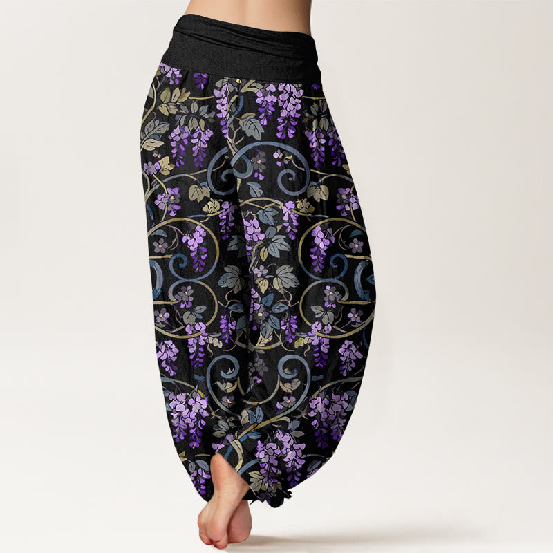 Pantalon harem rétro en pur coton à motif glycine, taille élastique, pour femme, Buddha Stones - image 1