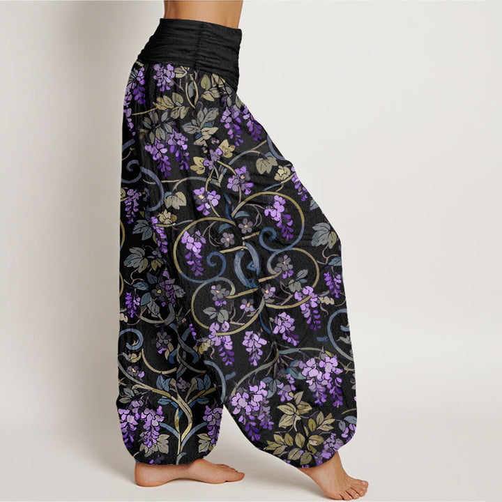 Pantalon harem rétro en pur coton à motif glycine, taille élastique, pour femme, Buddha Stones - image 2