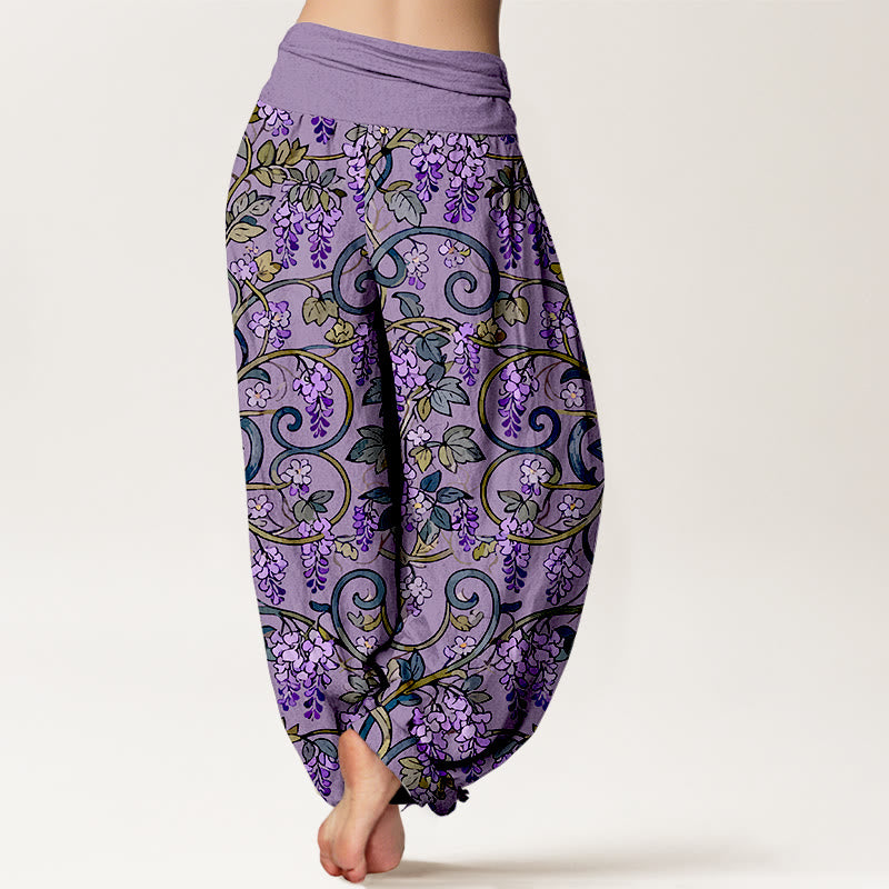 Pantalon harem rétro en pur coton à motif glycine, taille élastique, pour femme, Buddha Stones - image 6
