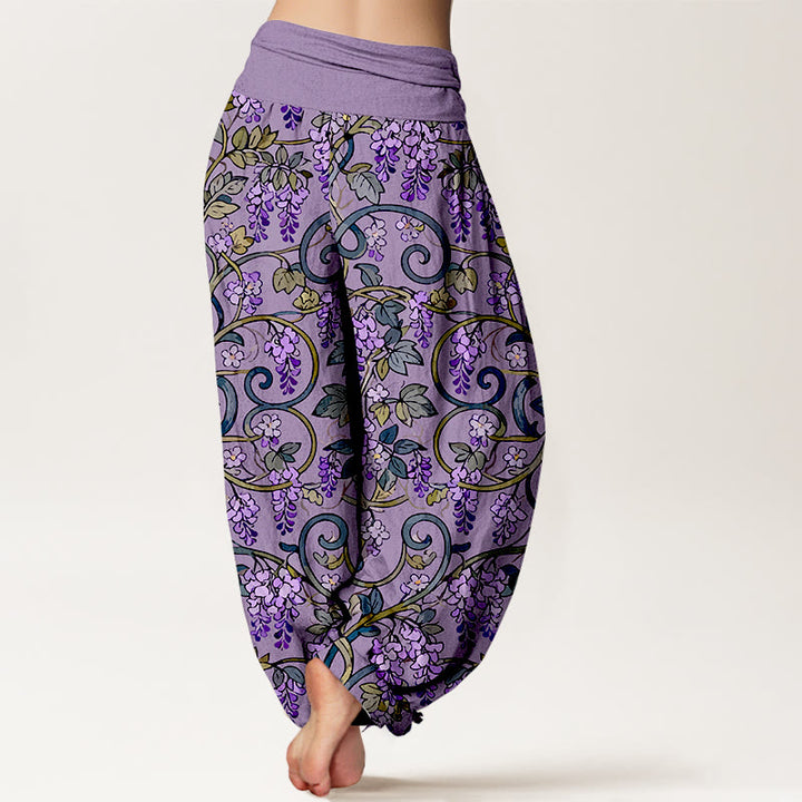 Pantalon harem rétro en pur coton à motif glycine, taille élastique, pour femme, Buddha Stones - image 6
