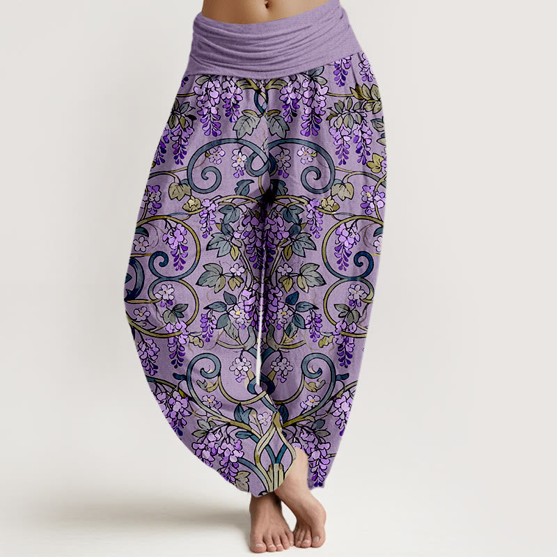 Pantalon harem rétro en pur coton à motif glycine, taille élastique, pour femme, Buddha Stones - Violet moyen - US16，UK/AU20，EU48 (3XL) - image 5