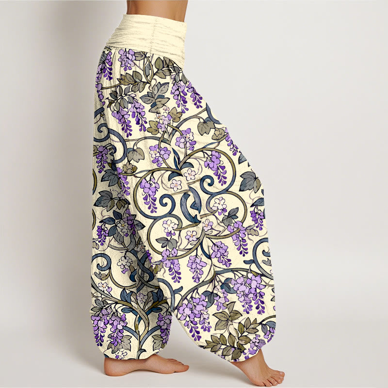 Pantalon harem rétro en pur coton à motif glycine, taille élastique, pour femme, Buddha Stones - image 10
