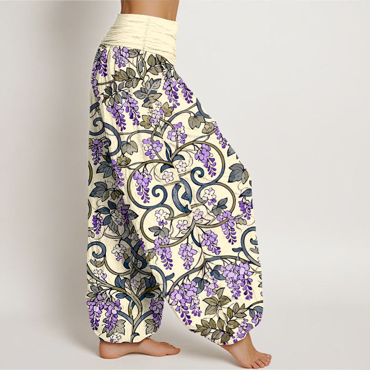 Pantalon harem rétro en pur coton à motif glycine, taille élastique, pour femme, Buddha Stones - image 10