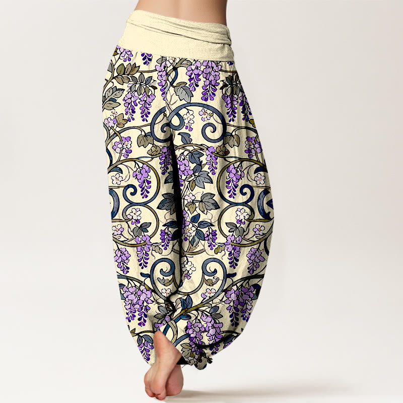 Pantalon harem rétro en pur coton à motif glycine, taille élastique, pour femme, Buddha Stones - image 9